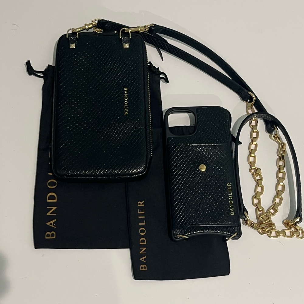 Bandolier Black Leather Crossbody IPhone Case and Pouch with Gold Chain - Picture 3 of 10